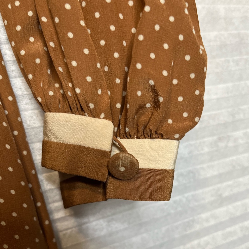 Vintage 70’s Ted Lapidus Paris Silk Maxi Dress Brown Beige Polka Dots Size 4 - Picture 9 of 15